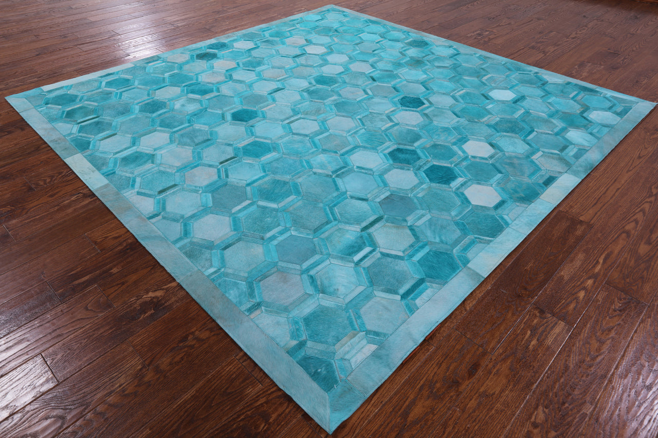 Teal Blue Square Patchwork Cowhide Rug - 8' 0" x 8' 0"