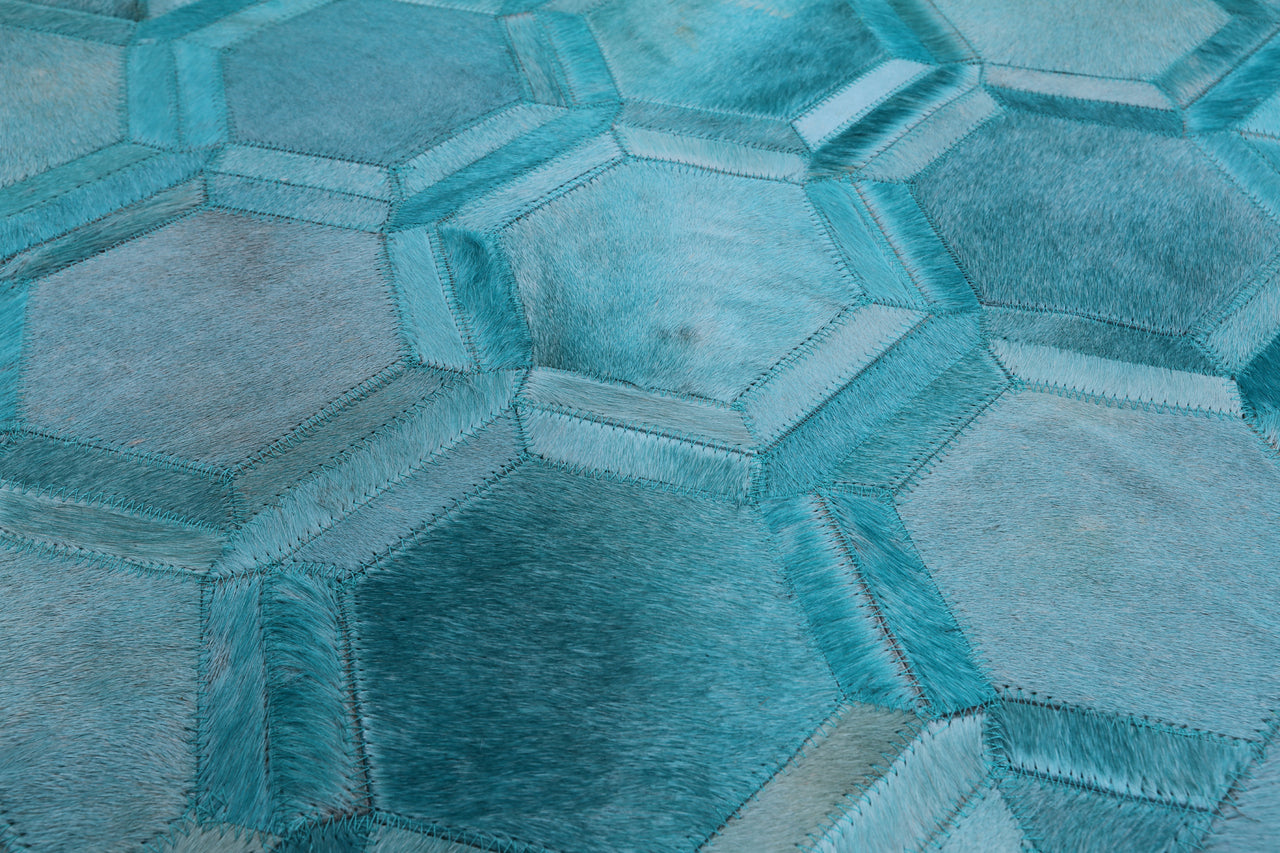 Teal Blue Square Patchwork Cowhide Rug - 8' 0" x 8' 0"