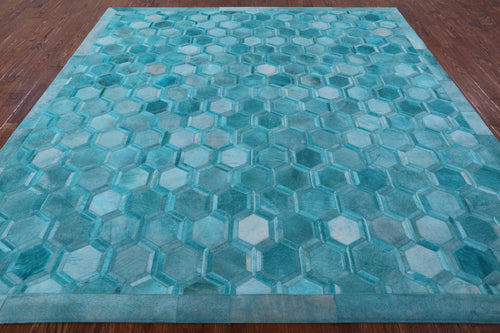 Teal Blue Square Patchwork Natural Cowhide Rug - 9' 0