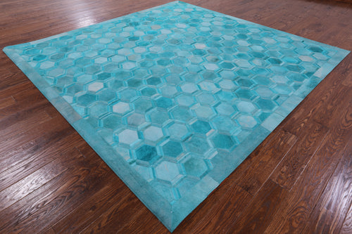Teal Blue Square Patchwork Natural Cowhide Rug - 9' 0