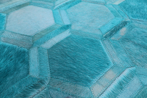 Teal Blue Square Patchwork Natural Cowhide Rug - 9' 0