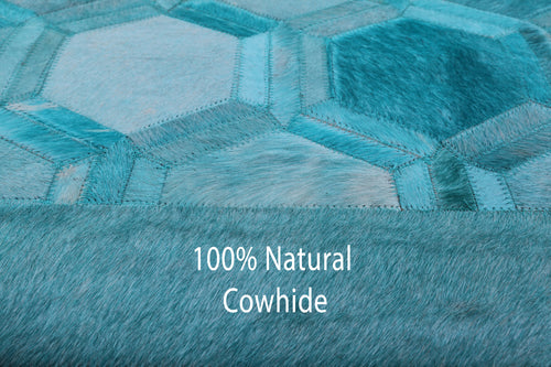 Teal Blue Square Patchwork Natural Cowhide Rug - 9' 0