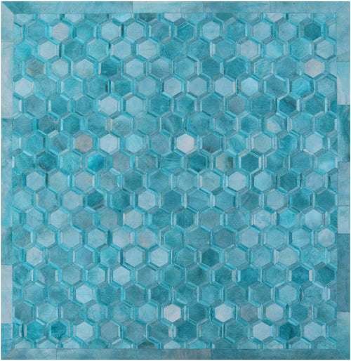 Teal Blue Square Patchwork Natural Cowhide Rug - 9' 0
