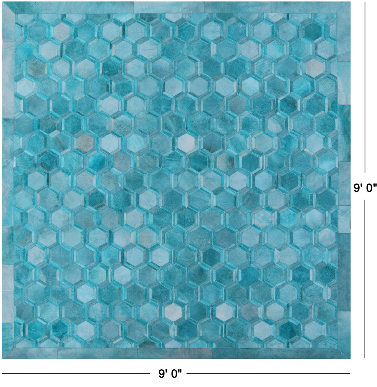 Teal Blue Square Patchwork Natural Cowhide Rug - 9' 0" x 9' 0"