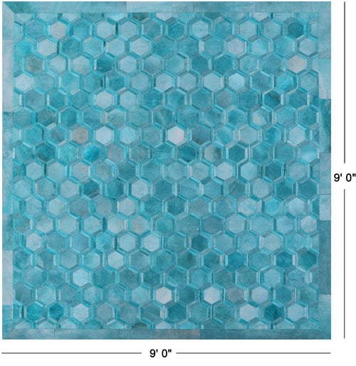 Teal Blue Square Patchwork Natural Cowhide Rug - 9' 0
