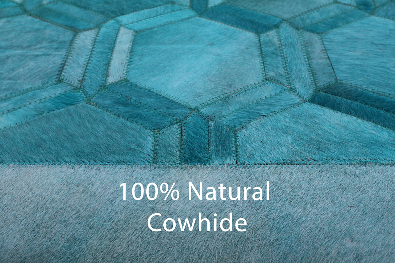 Teal Blue Patchwork Natural Cowhide Rug - 10' 0" x 14' 0"