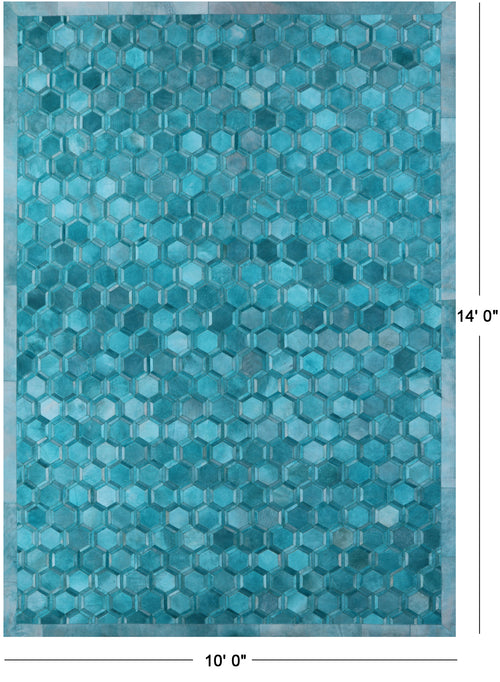 Teal Blue Patchwork Natural Cowhide Rug - 10' 0