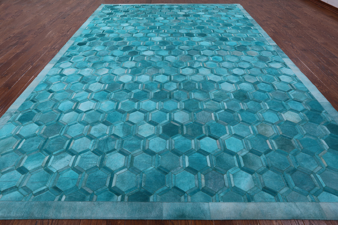 Teal Blue Patchwork Cowhide Rug - 10' 0" x 14' 0"