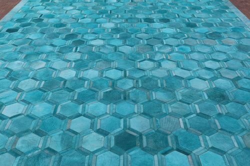 Teal Blue Patchwork Natural Cowhide Rug - 10' 0
