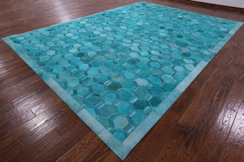Teal Blue Patchwork Natural Cowhide Rug - 10' 0