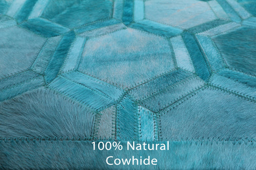 Teal Blue Square Patchwork Natural Cowhide Rug - 7' 0