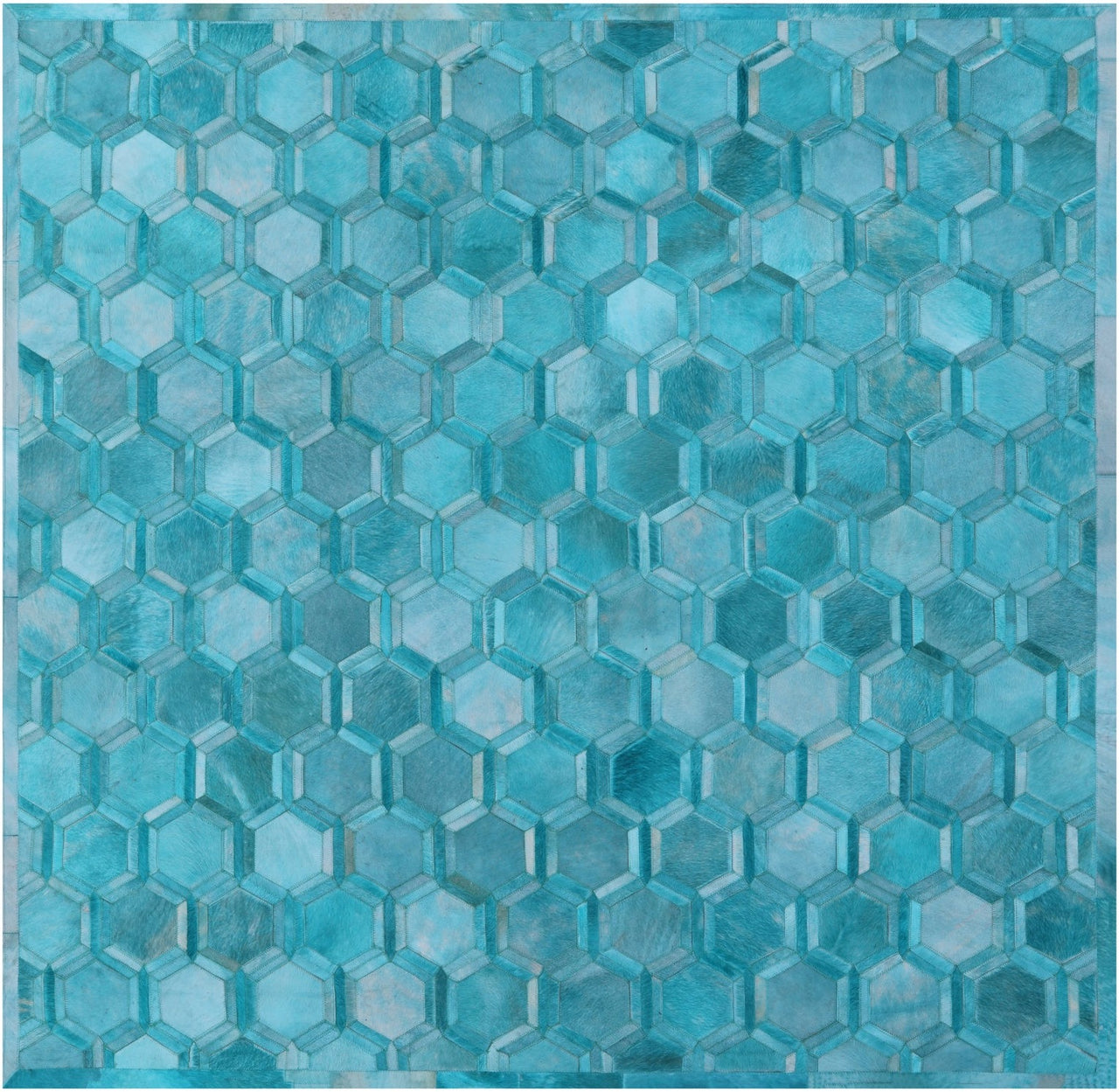 Teal Blue Square Patchwork Natural Cowhide Rug - 7' 0" x 7' 0"