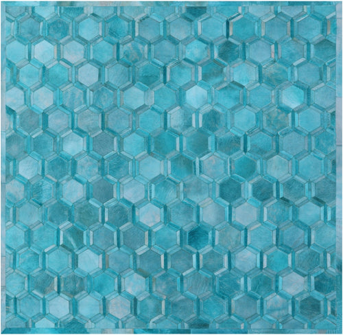 Teal Blue Square Patchwork Natural Cowhide Rug - 7' 0