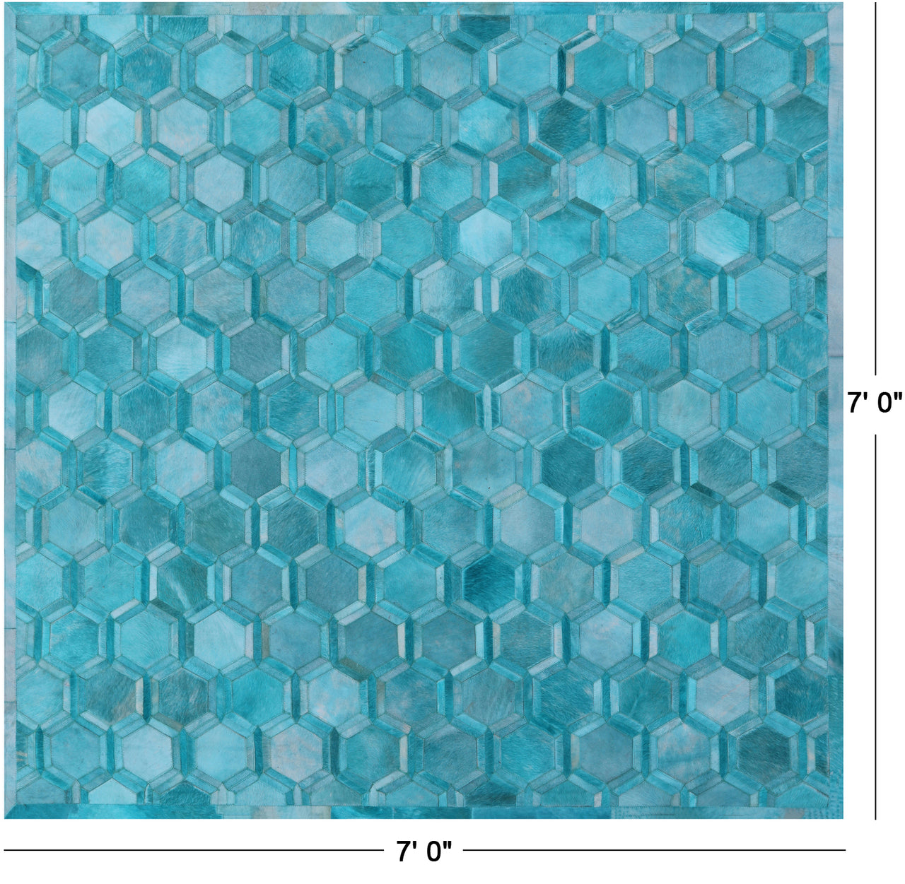 Teal Blue Square Patchwork Natural Cowhide Rug - 7' 0" x 7' 0"