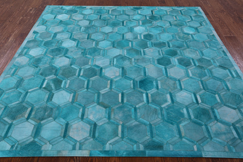 Teal Blue Square Patchwork Natural Cowhide Rug - 7' 0