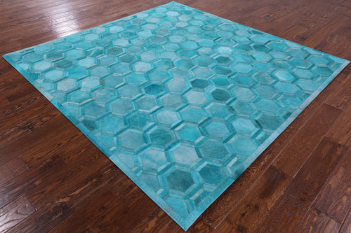 Teal Blue Square Patchwork Natural Cowhide Rug - 7' 0