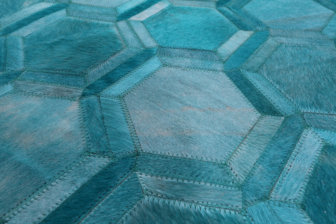 Teal Blue Square Patchwork Natural Cowhide Rug - 7' 0" x 7' 0"