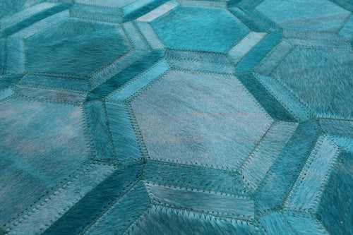 Teal Blue Square Patchwork Natural Cowhide Rug - 7' 0