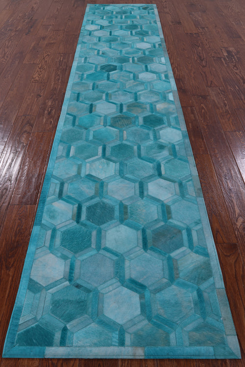 Teal Blue Patchwork Natural Cowhide Runner Rug - 2' 5