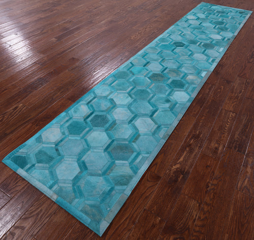 Teal Blue Patchwork Natural Cowhide Runner Rug - 2' 5
