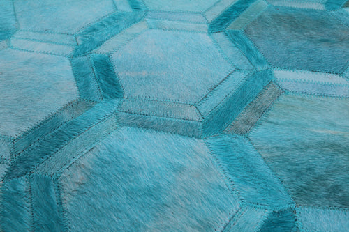 Teal Blue Patchwork Natural Cowhide Runner Rug - 2' 5