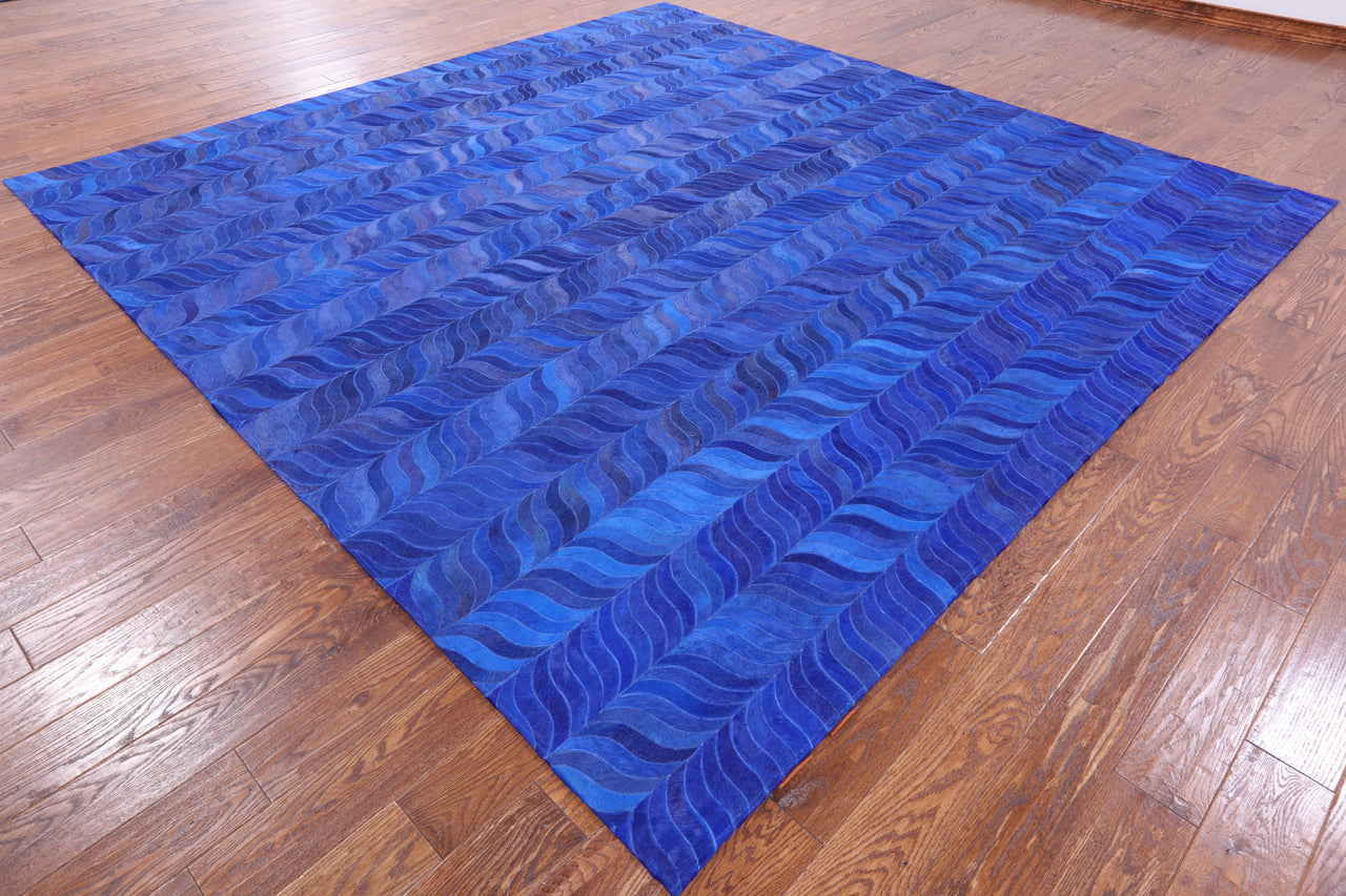 Blue Square Patchwork Cowhide Rug - 10' 0" x 10' 0"