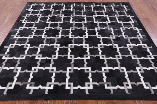 Black Square Patchwork Natural Cowhide Rug - 7' 0