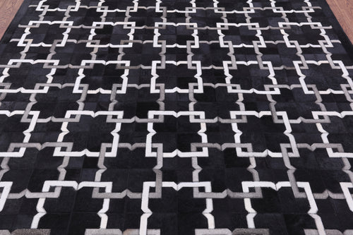 Black Square Patchwork Natural Cowhide Rug - 7' 0