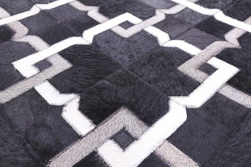 Black Square Patchwork Natural Cowhide Rug - 7' 0