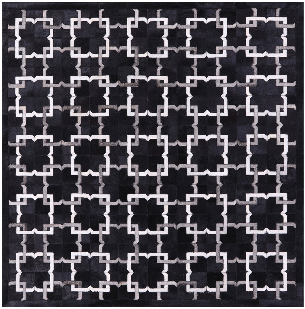 Black Square Patchwork Natural Cowhide Rug - 7' 0" x 7' 0"