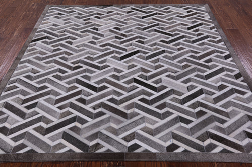 Grey Square Patchwork Natural Cowhide Rug - 7' 0