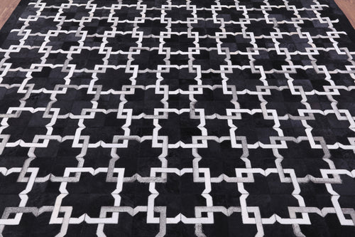 Black Square Patchwork Natural Cowhide Rug - 8' 0
