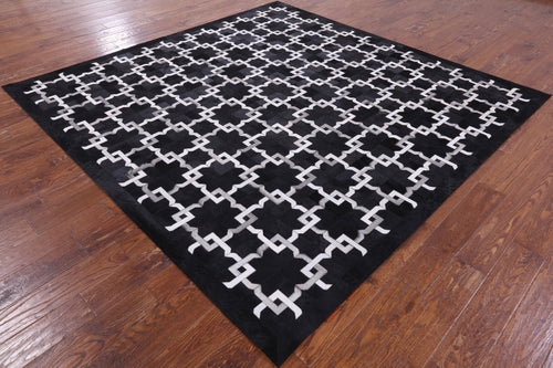 Black Square Patchwork Natural Cowhide Rug - 8' 0