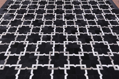 Black Square Patchwork Natural Cowhide Rug - 9' 0
