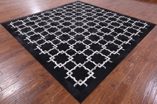 Black Square Patchwork Natural Cowhide Rug - 9' 0