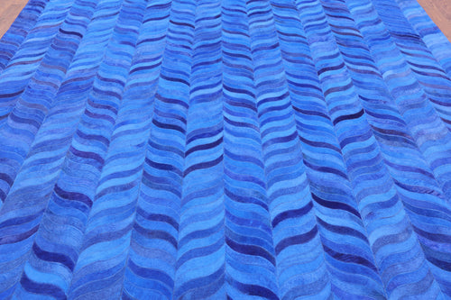 Blue Square Patchwork Natural Cowhide Rug - 8' 0