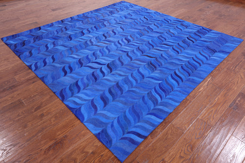 Blue Square Patchwork Natural Cowhide Rug - 8' 0