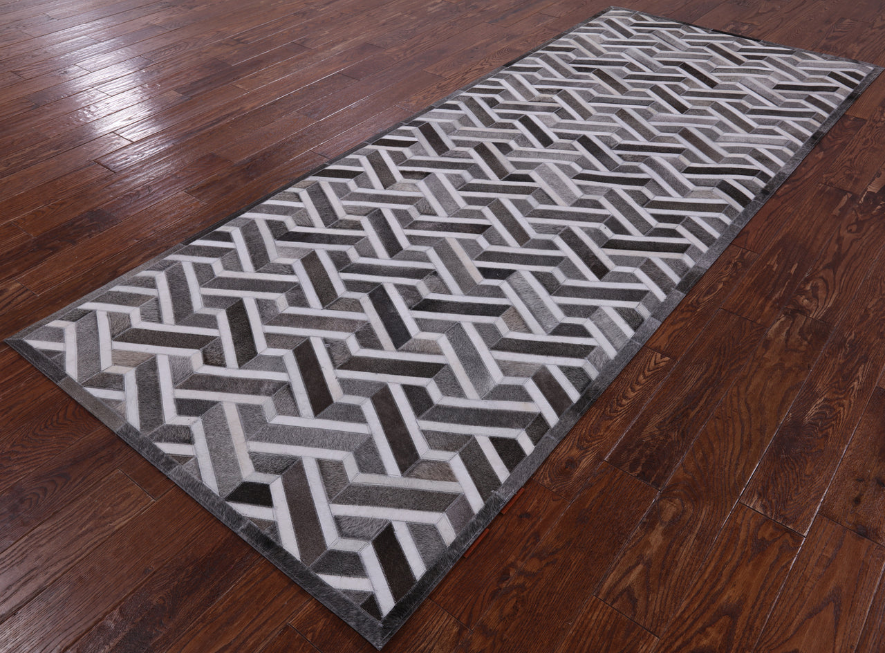 Grey Patchwork Cowhide Runner Rug - 4' 0" x 10' 0"