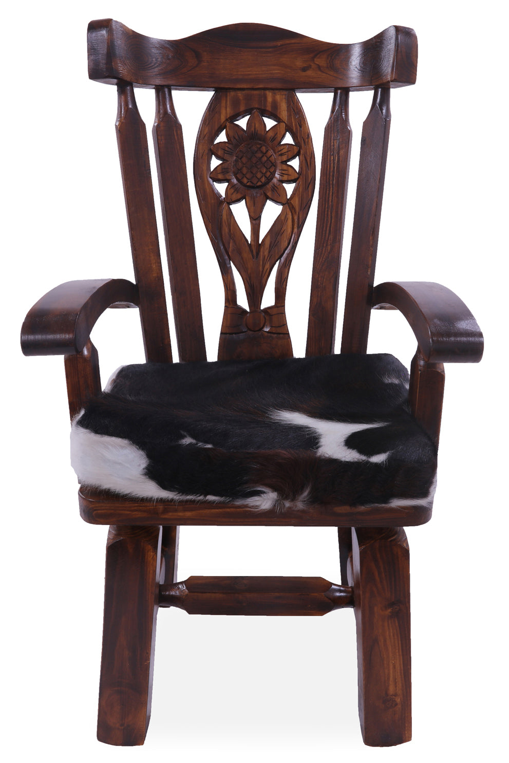 Reclaimed Wood Chair Handcarved Back Sunflower Removable Hair-On Cowhide Pillow