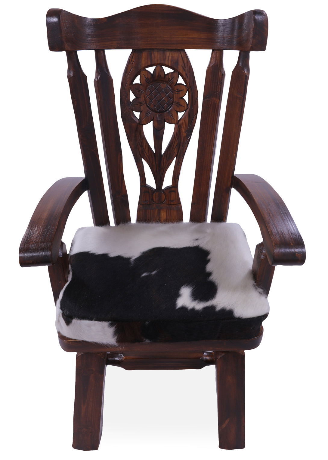 Reclaimed Wood Chair Handcarved Back Sunflower Removable Hair-On Cowhide Pillow