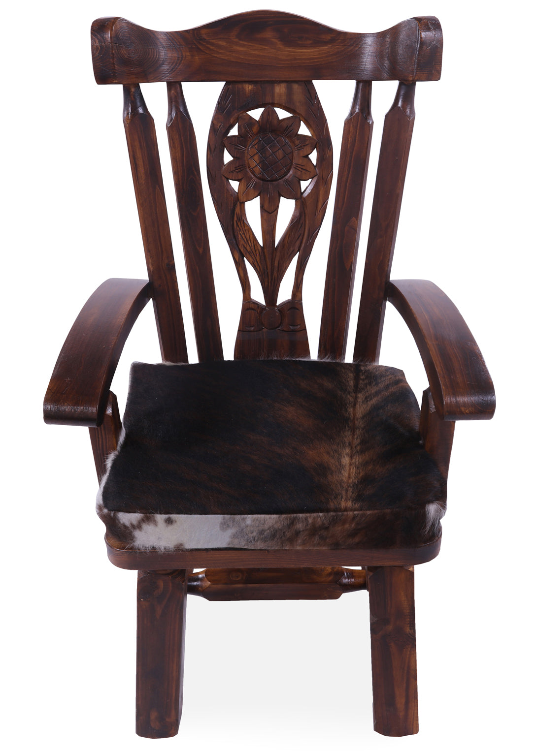 Reclaimed Wood Chair Handcarved Back Sunflower Removable Hair-On Cowhide Pillow