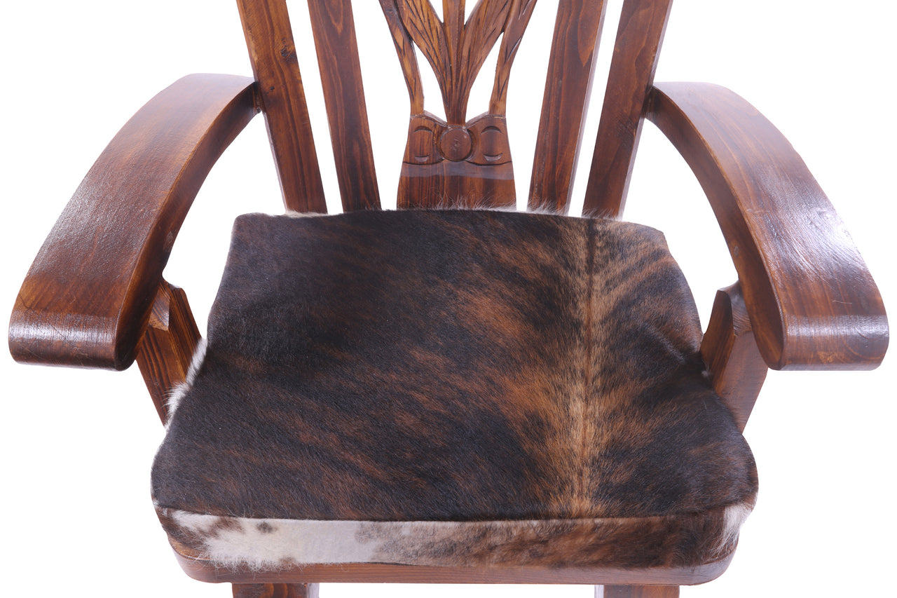 Reclaimed Wood Chair Handcarved Back Sunflower Removable Hair-On Cowhide Pillow