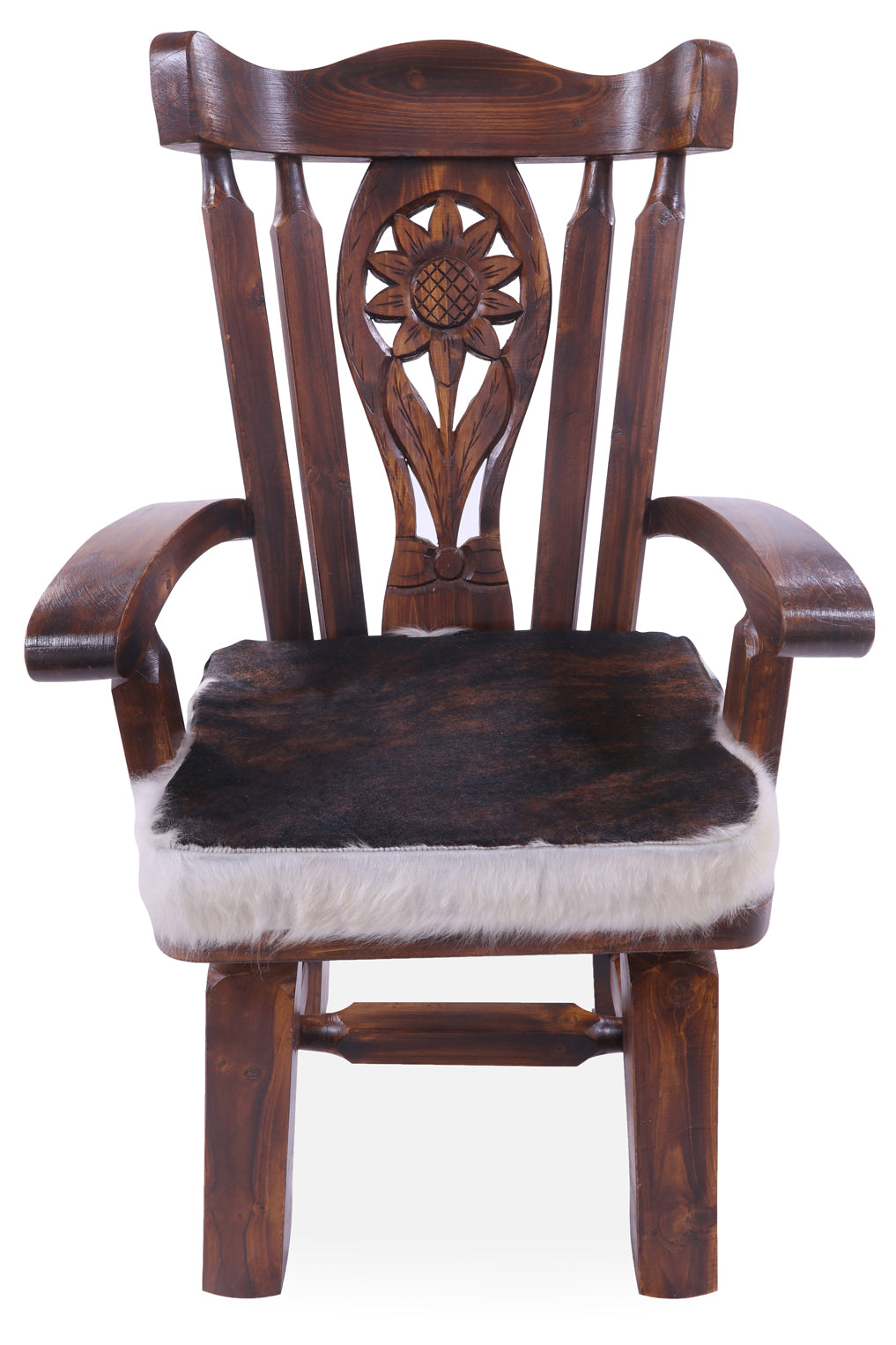 Reclaimed Wood Chair Handcarved Back Sunflower Removable Hair-On Cowhide Pillow