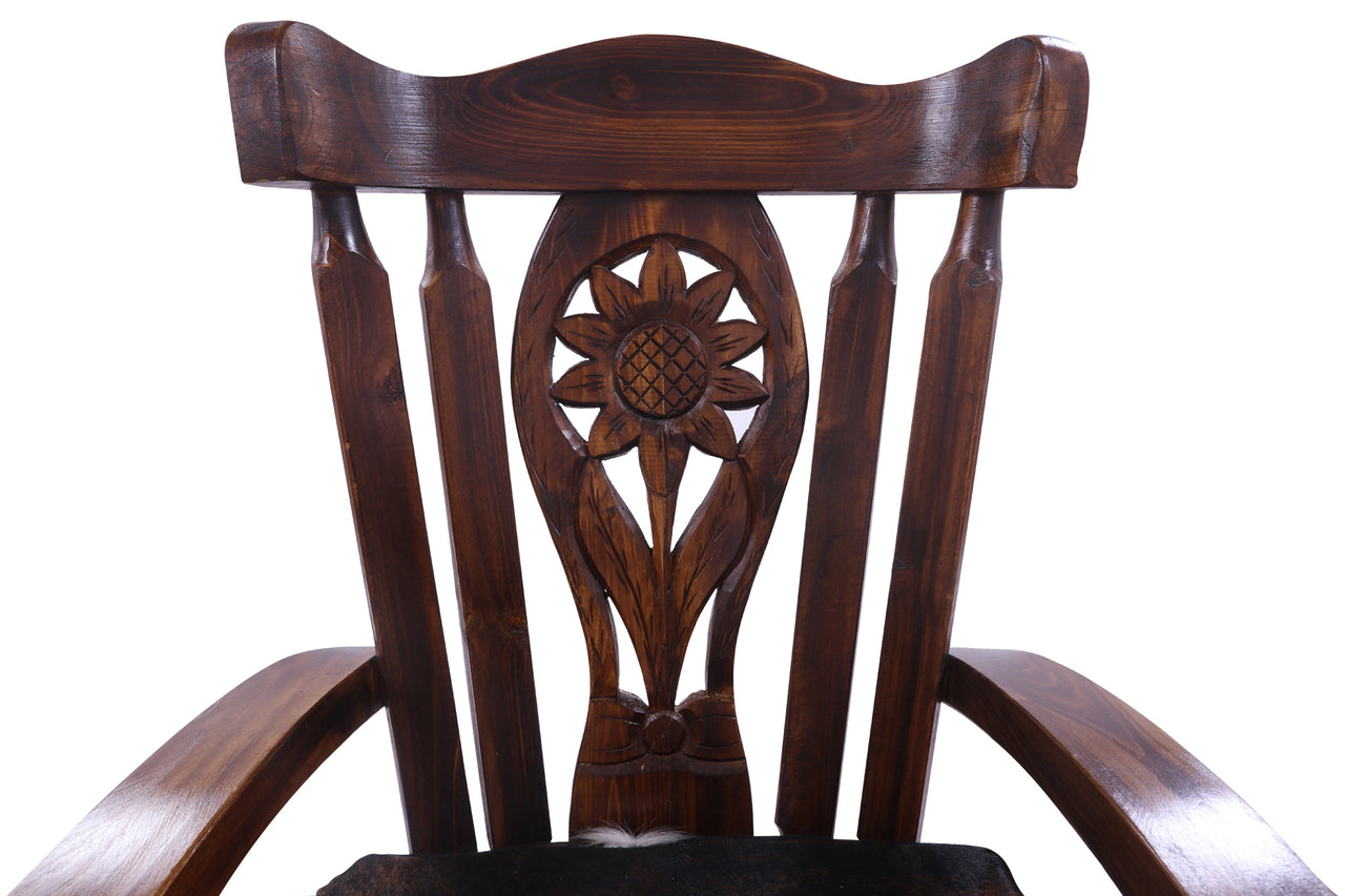 Reclaimed Wood Chair Handcarved Back Sunflower Removable Hair-On Cowhide Pillow