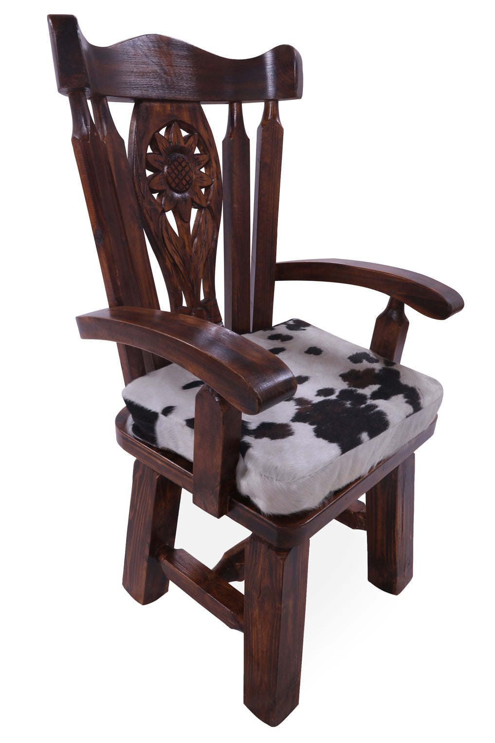 Reclaimed Wood Chair Handcarved Back Sunflower Removable Hair-On Cowhide Pillow