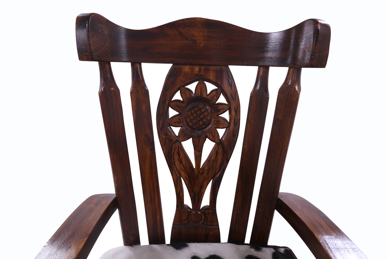 Reclaimed Wood Chair Handcarved Back Sunflower Removable Hair-On Cowhide Pillow