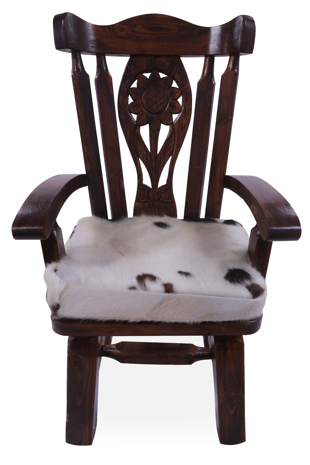 Reclaimed Wood Chair Handcarved Back Sunflower Removable Hair-On Cowhide Pillow