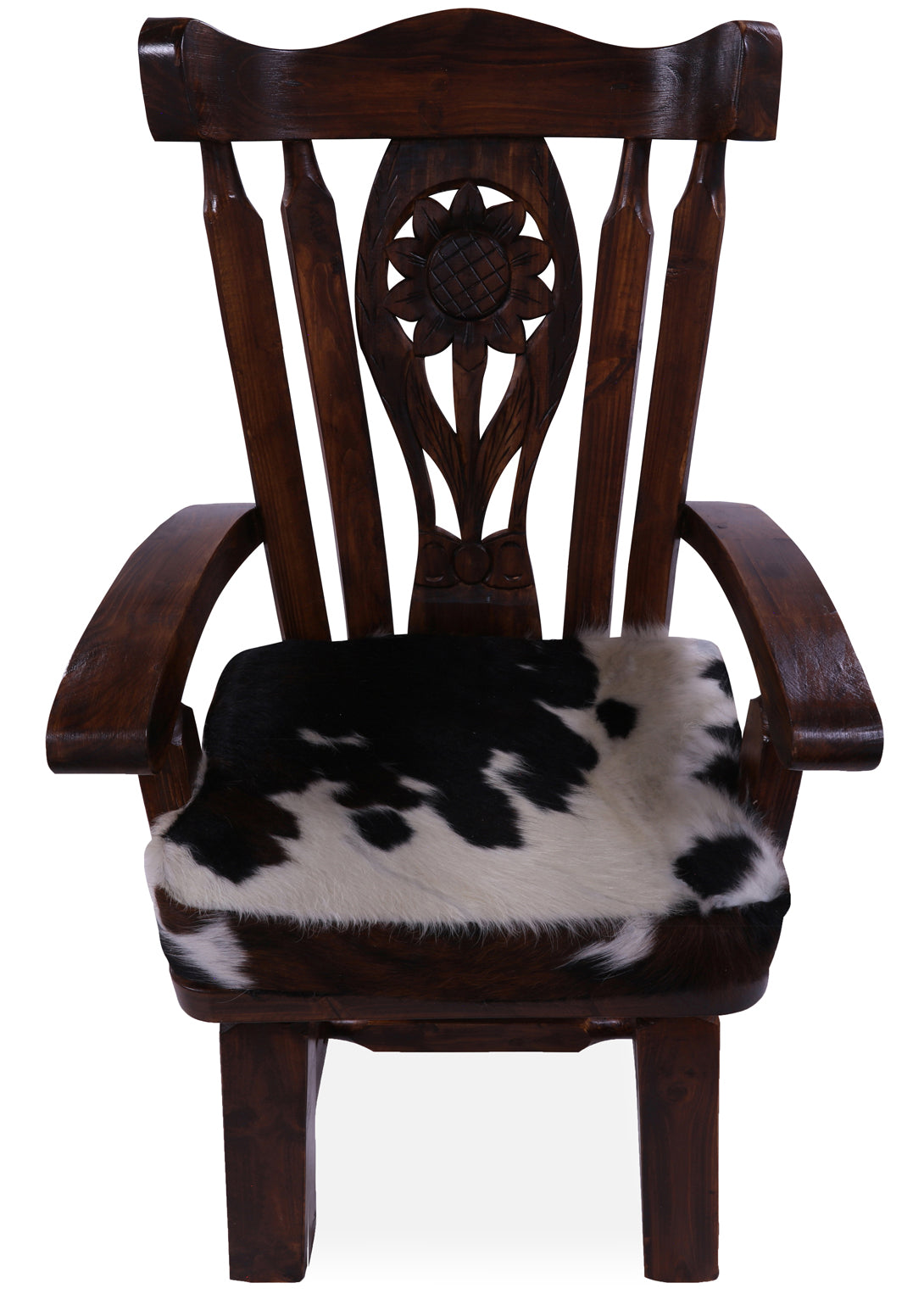 Reclaimed Wood Chair Handcarved Back Sunflower Removable Hair-On Cowhide Pillow