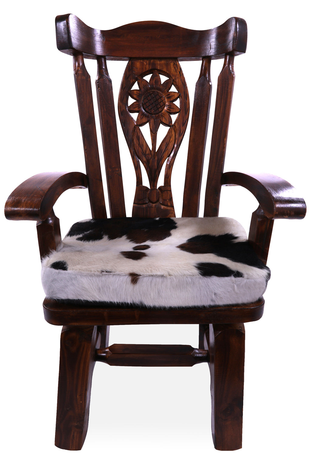 Reclaimed Wood Chair Handcarved Back Sunflower Removable Hair-On Cowhide Pillow