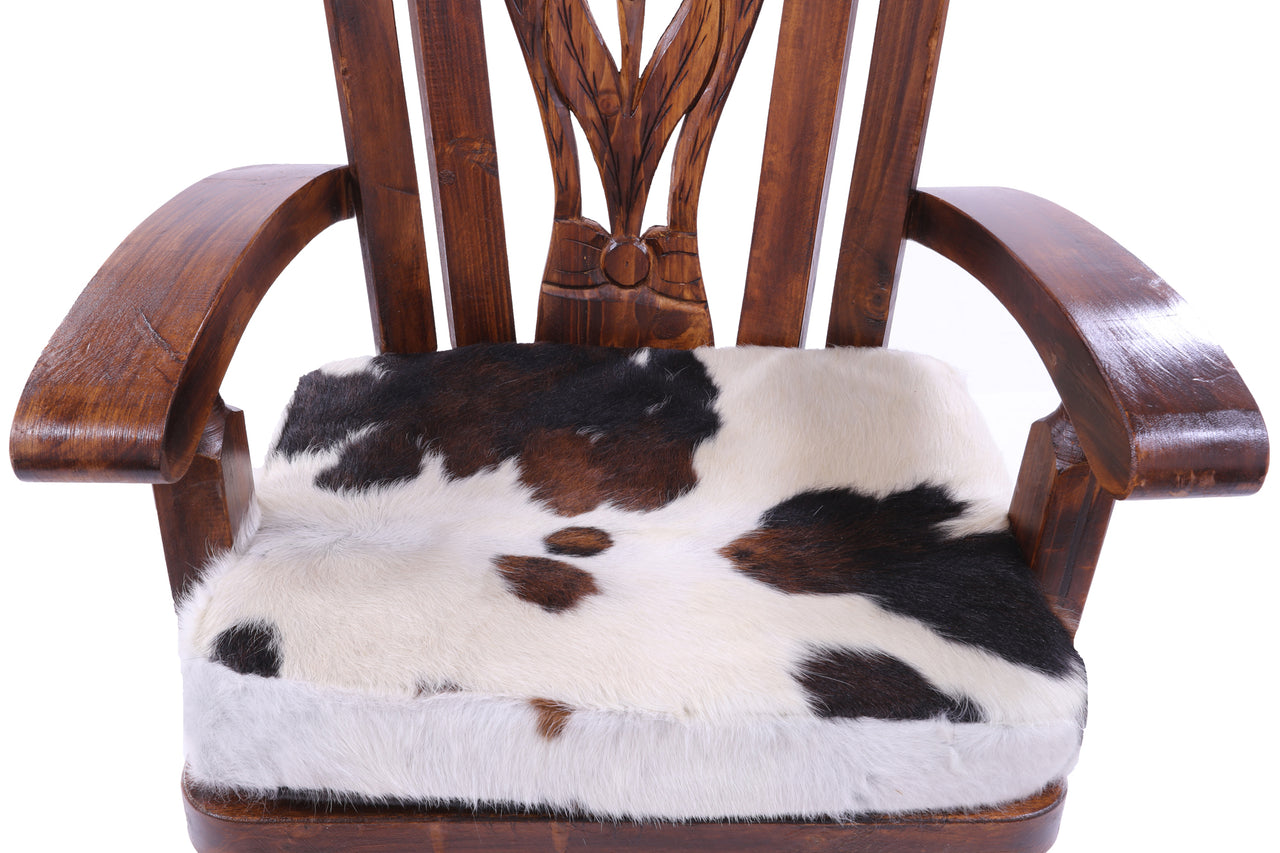 Reclaimed Wood Chair Handcarved Back Sunflower Removable Hair-On Cowhide Pillow